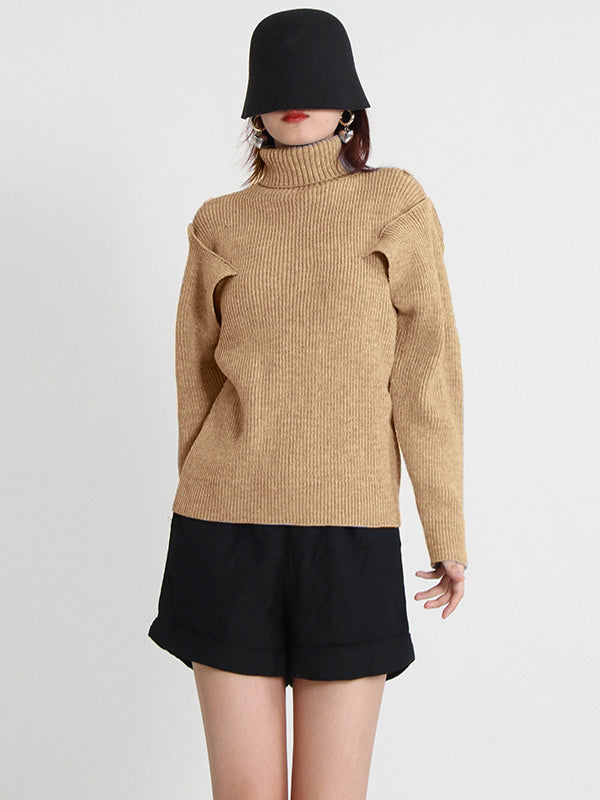 Casual Long Sleeves Loose Hollow Solid Color High-Neck Sweater Tops