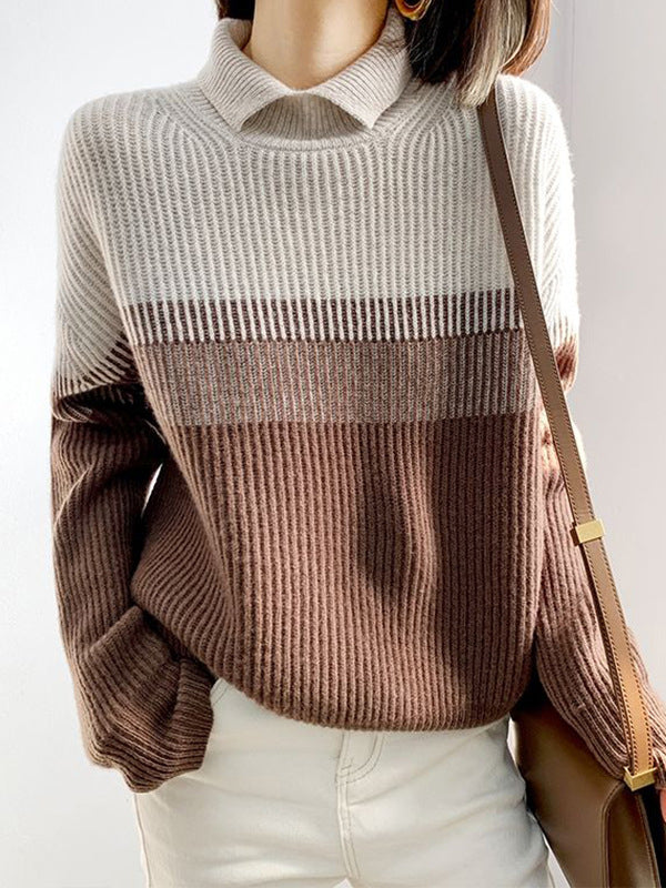 Casual Loose Long Sleeves Striped High-Neck Sweater Tops-Homeunderwear