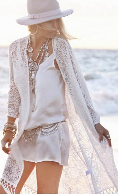 Clearance White Lace Tassels Long Cover Up Beach Cardigan Dress