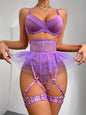 4pcs Women'S Sexy Lingerie Set - Purple Mesh Bra, Thong, and Leg Rings with Steel Boning for Comfortable Underwear, Sexy Pajamas, and Dress, Adult Size, Sexy Lingerie Sets|Sexy Lingerie|Lace Detailing
