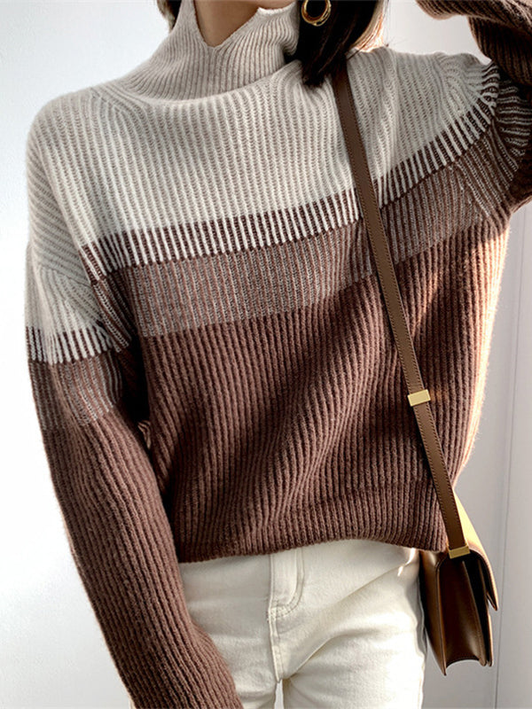 Casual Loose Long Sleeves Striped High-Neck Sweater Tops-Homeunderwear