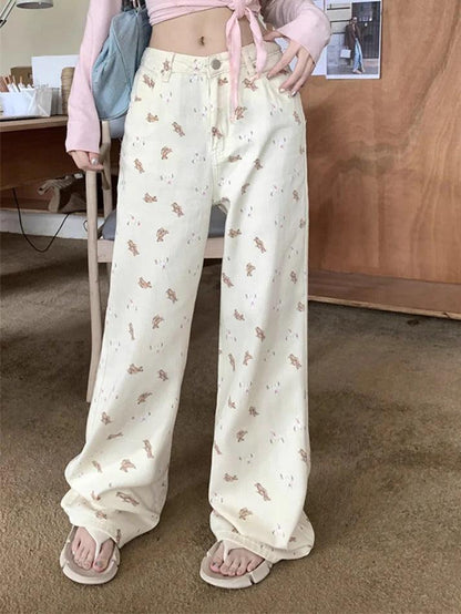 Pink Bear Print Boyfriend Jeans