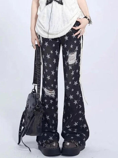 Vintage Star Print Ripped Flare Jeans