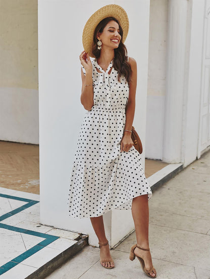 Tiered Midi Dress In White Polka Dot