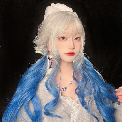 Free Shipping For Hivava White Blue Mixed Large Wavy Long Curly Wig