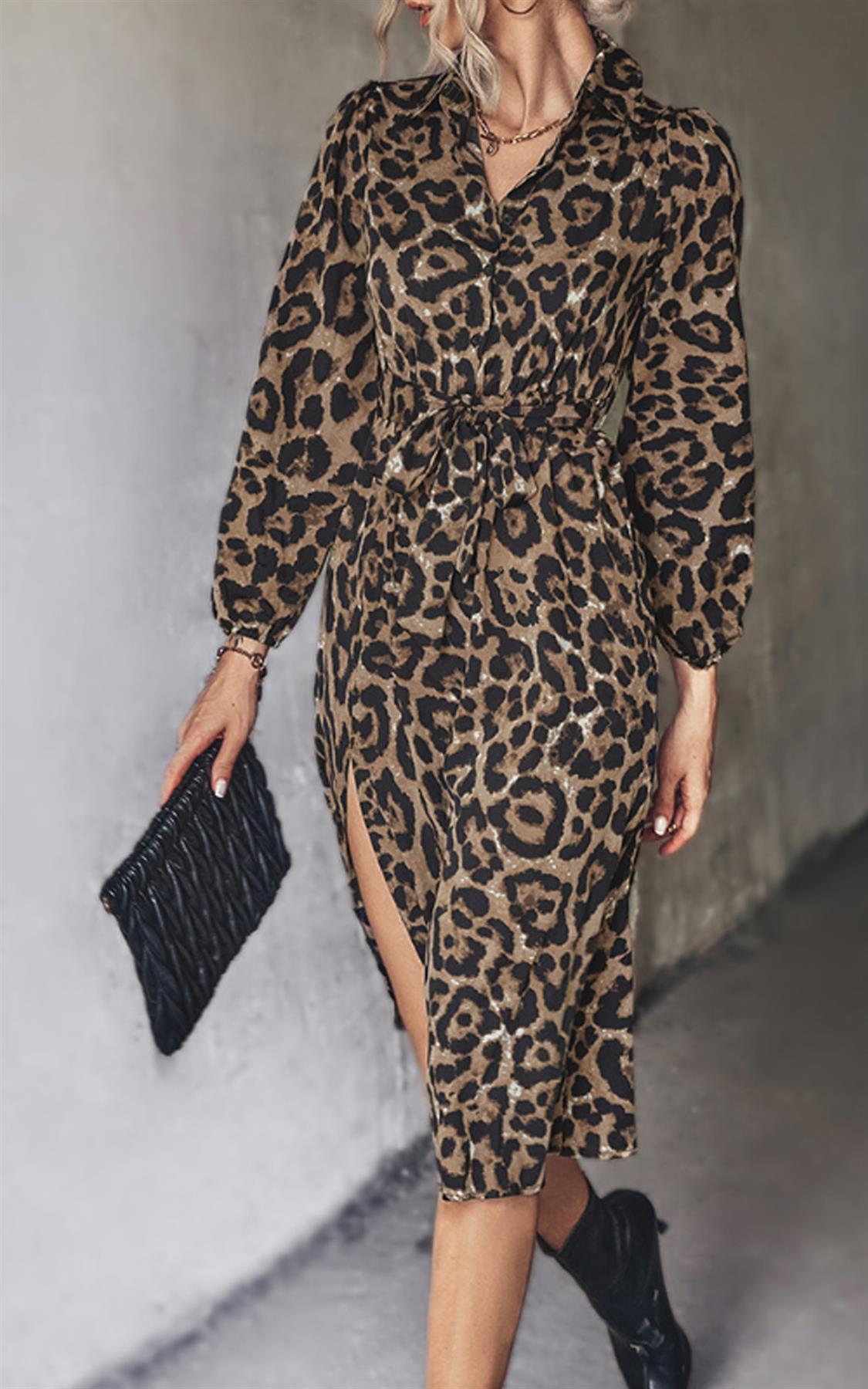 Leopard Print Split Leg Midi Shirt Dress In Brown