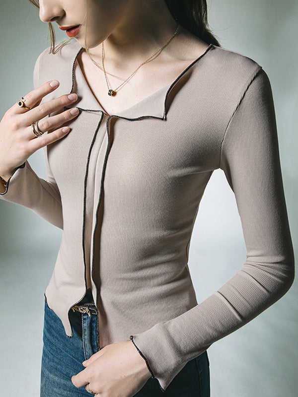 Split-Front Long Sleeves Skinny Lapel T-Shirts Tops