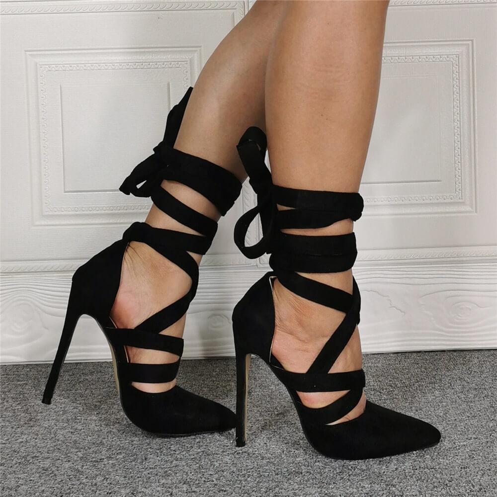 Black Suede Point Toe Ankle Strap High Heel Sandals