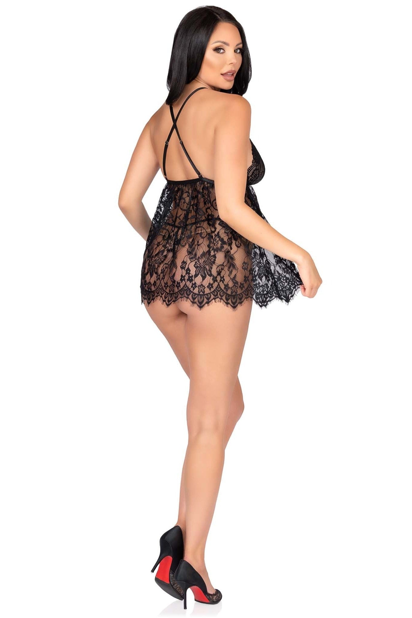 Free Shipping For 2 Piece Floarl Lace Babydoll, Scalloped Hem W/CroOver Straps