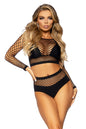 Free Shipping For 2 Piece Net Long Sleeved Crop Top Matching High Waist Opaque Bottom Set