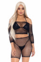 Free Shipping For 2 Piece Rhinestone Fishnet Long Sleeve Crop Top & Biker Shorts