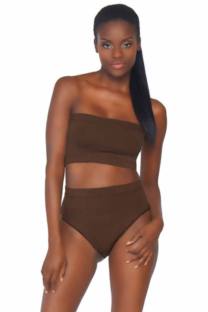 Free Shipping For 2 Piece Seamless Opaque Microfiber Ribbed Bandeau Top & High Waist Brief