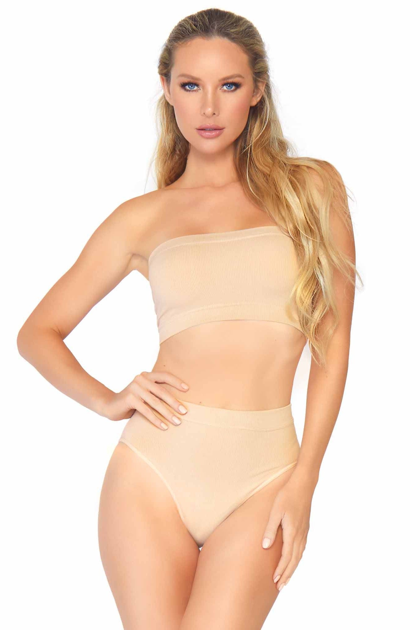 Free Shipping For 2 Piece Seamless Opaque Microfiber Ribbed Bandeau Top & High Waist Brief