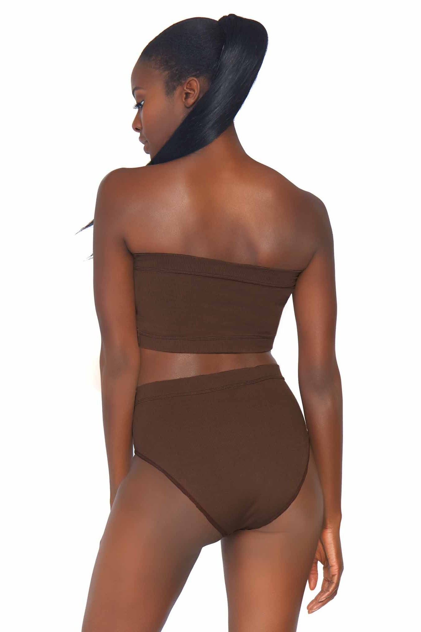 Free Shipping For 2 Piece Seamless Opaque Microfiber Ribbed Bandeau Top & High Waist Brief