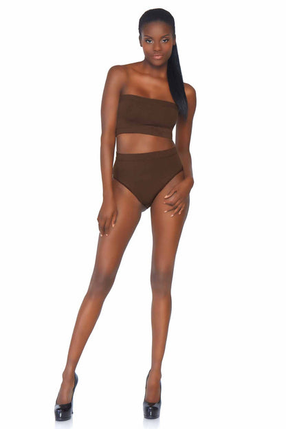 Free Shipping For 2 Piece Seamless Opaque Microfiber Ribbed Bandeau Top & High Waist Brief