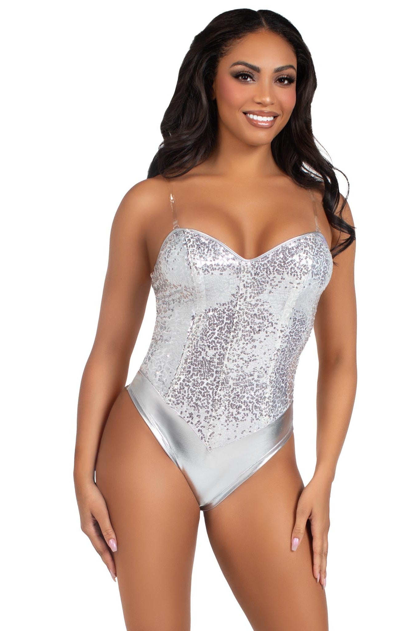 Free Shipping For 2 Piece Snap Crotch Bodysuit With Sequin & Detachable Clear Straps