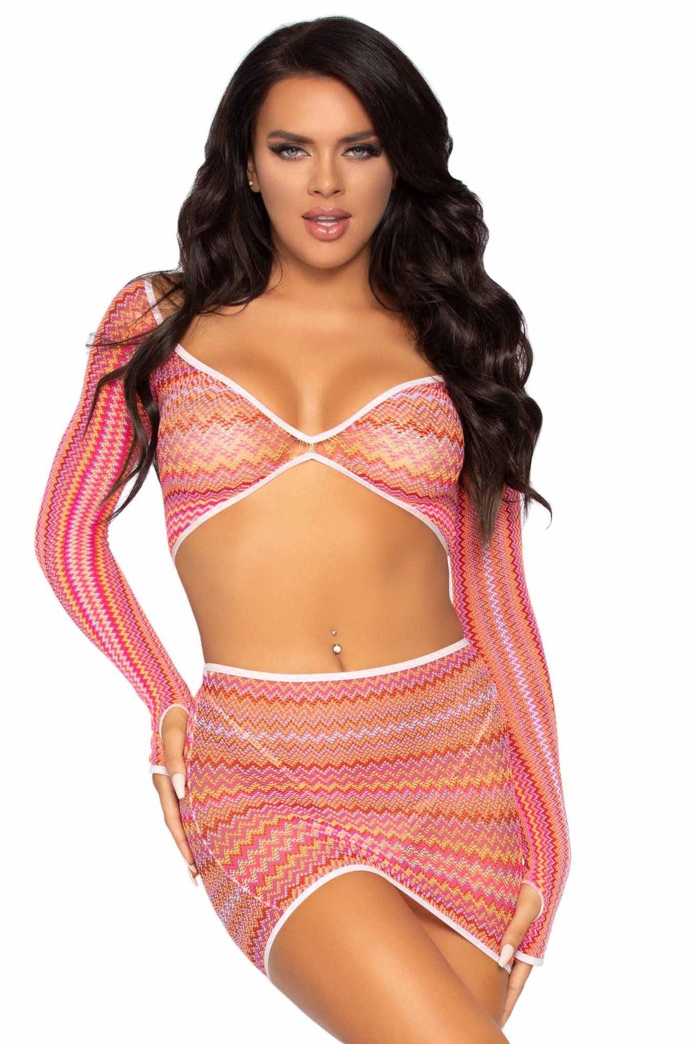 Free Shipping For 2 Piece Zigzag Net Gauntlet Sleeve Crop Top & Mini Skirt Set