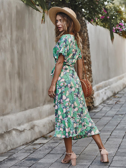 Summer Wrap Midi Dress In Mint Floral Print