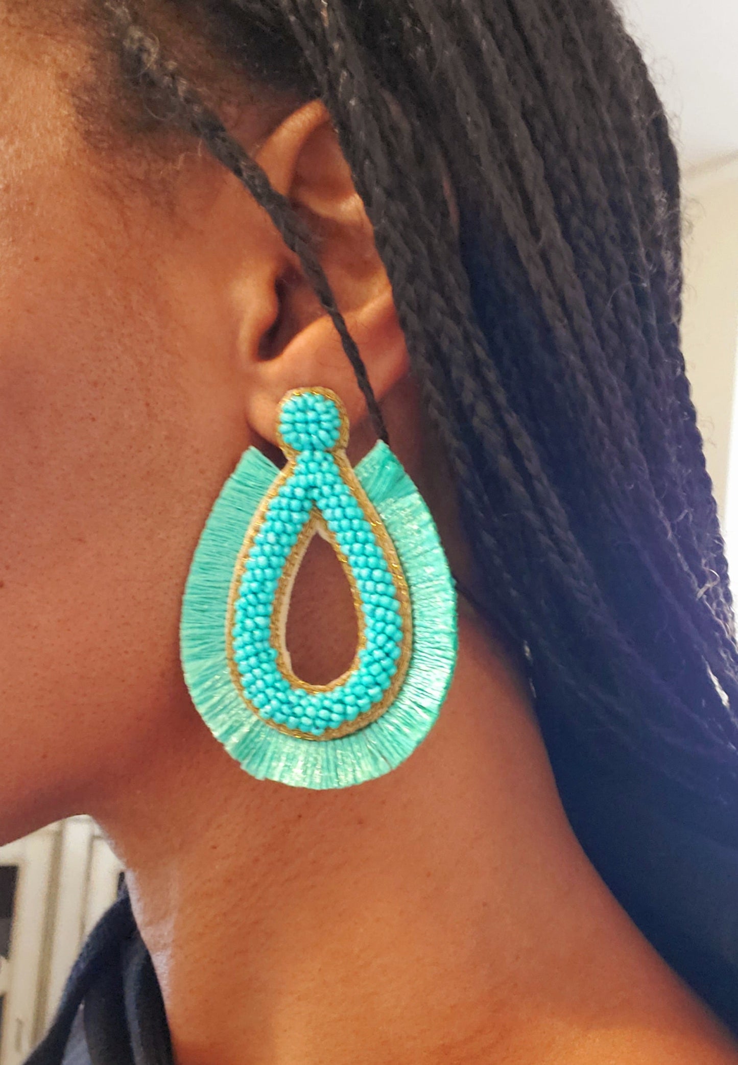 Free Shipping For  Women's Turquoise Seed Bead and Silk Fringe Earrings