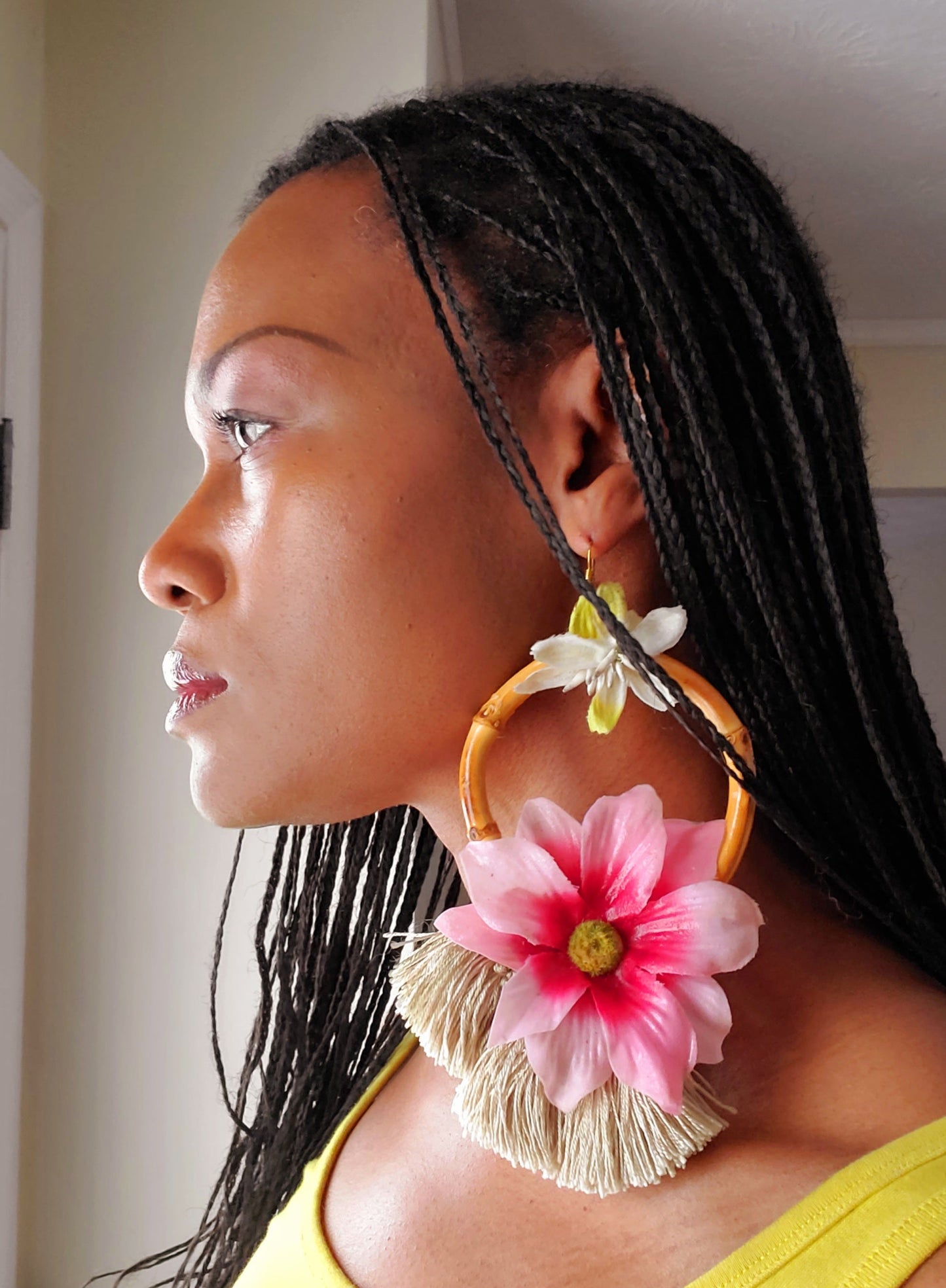 Free Shipping For  Handcrafted Pink Floral & Bamboo Oversized Earrings