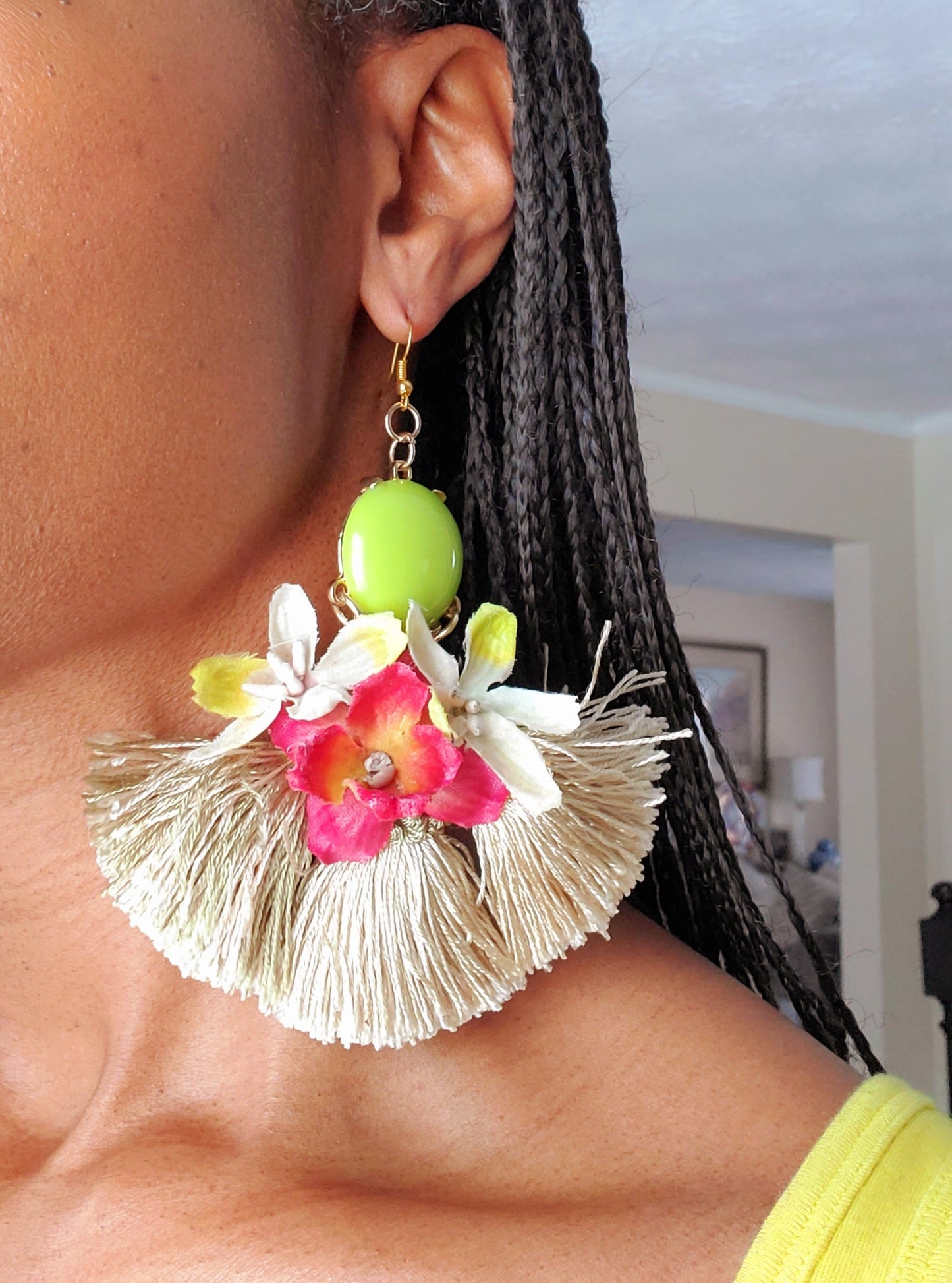 Free Shipping For  Handcrafted Oversize Floral and Tassel Earrings