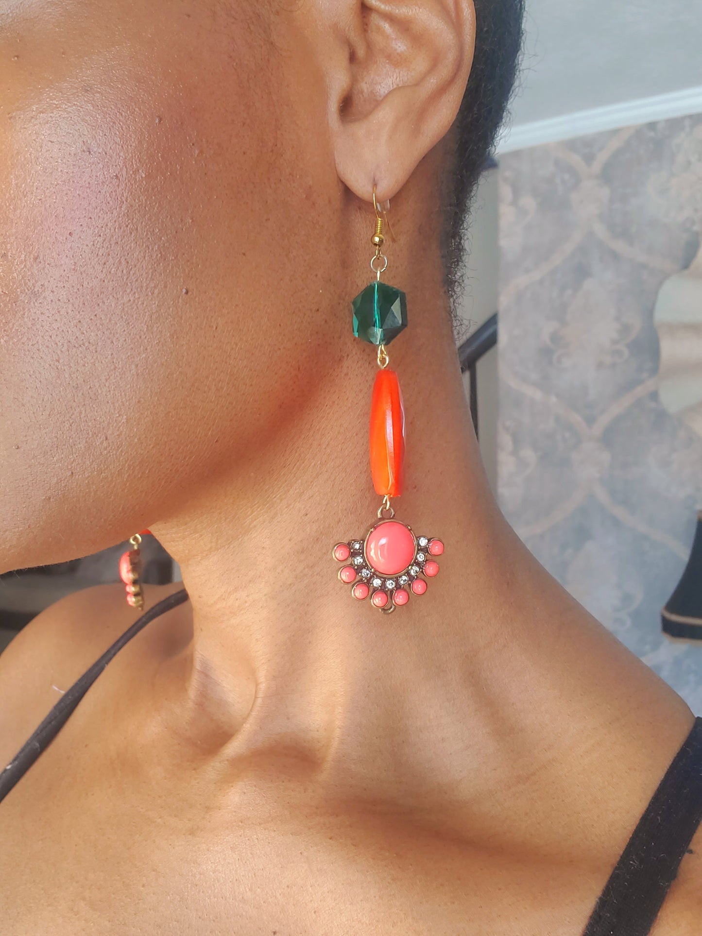 Free Shipping For  Handcrafted Orange & Green Drop Earrings