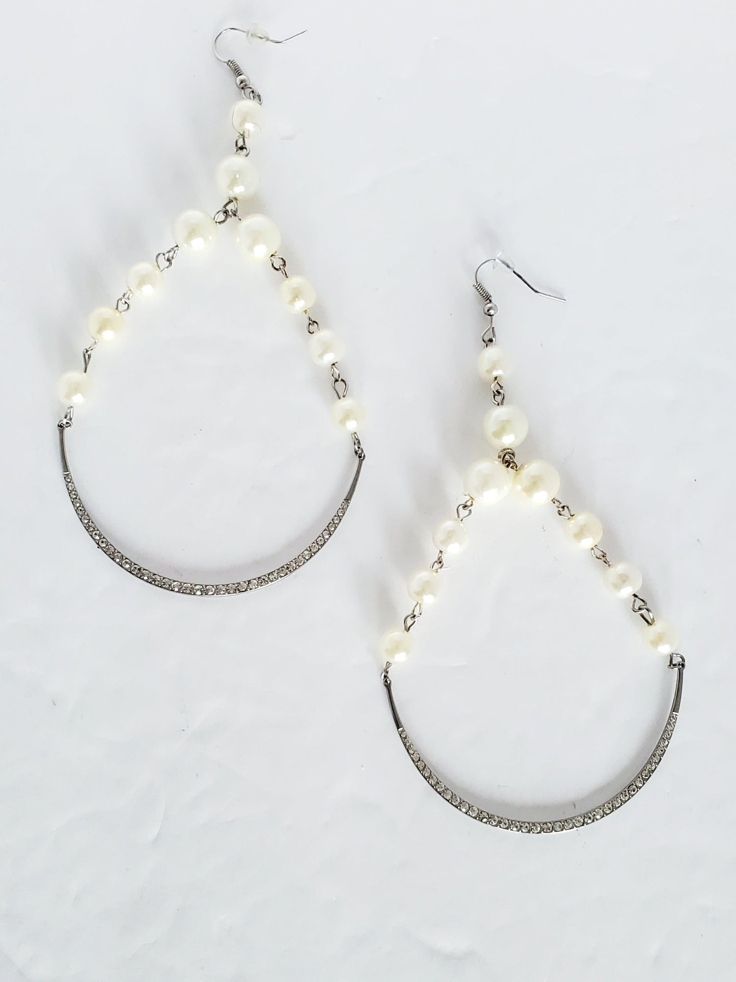 Free Shipping For  Handcrafted Faux White Pearl and Crystal Dangle Hoop Earrings