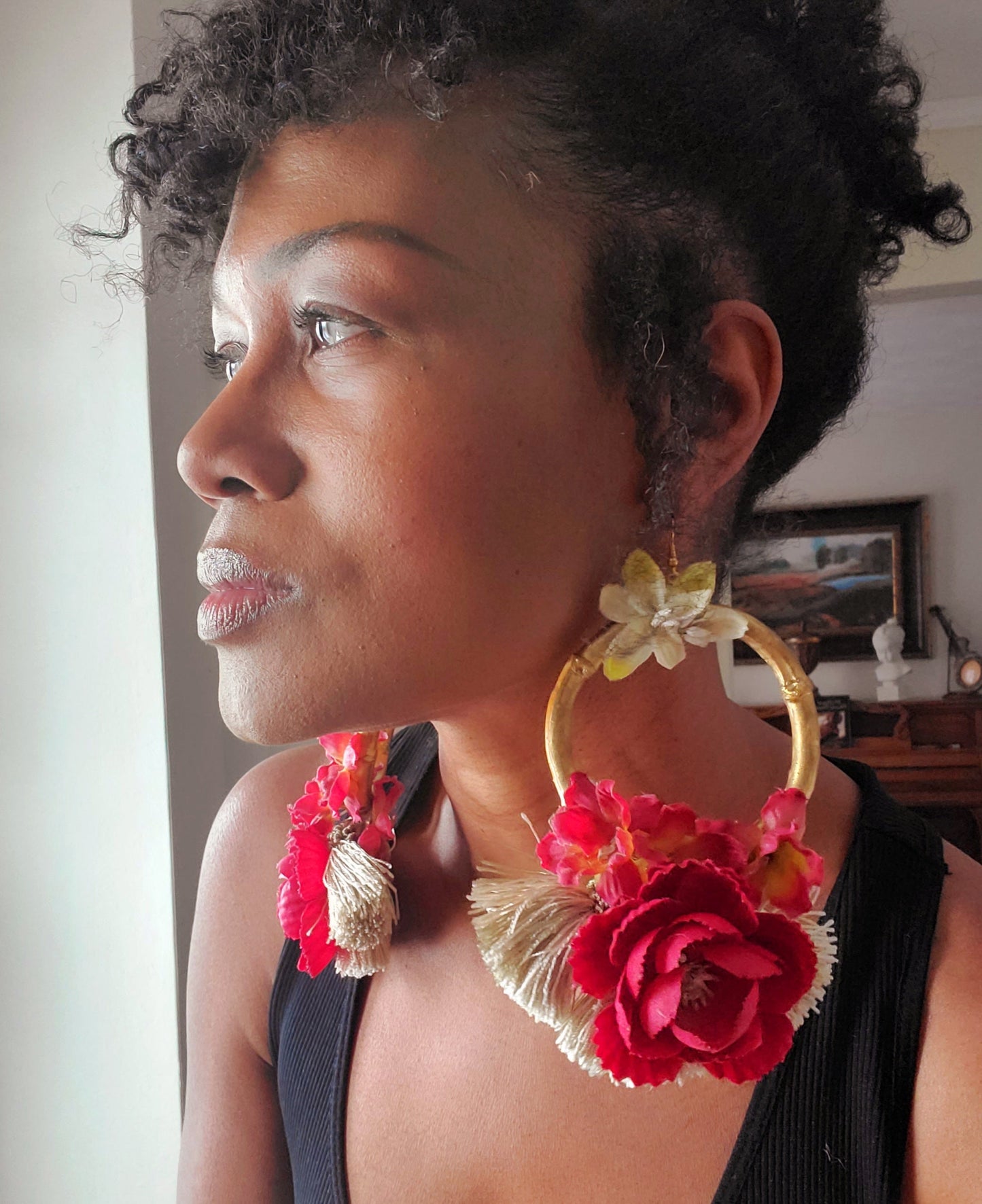 Free Shipping For  Red Rose and Bamboo Handcrafted Oversize Earrings