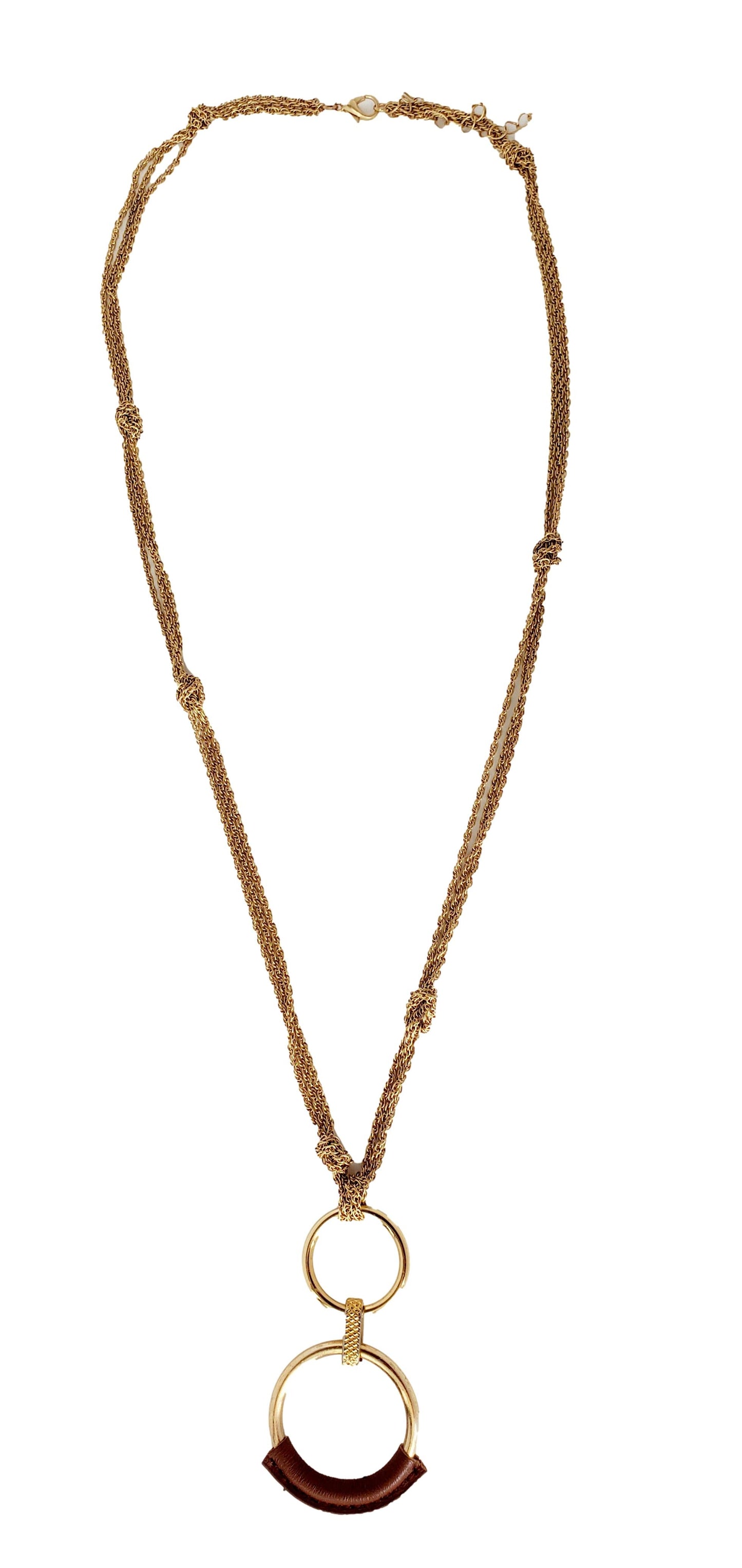 Free Shipping For  Knotted Gold Tone Chain Necklace with Eternity Circle Pendant Wrapped in Brown Leather