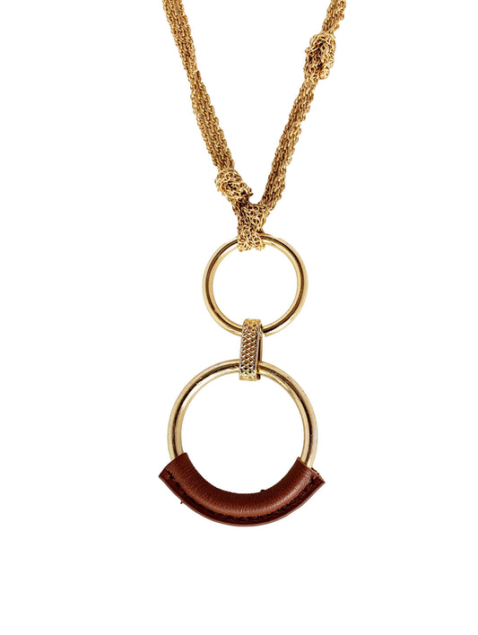 Free Shipping For  Knotted Gold Tone Chain Necklace with Eternity Circle Pendant Wrapped in Brown Leather