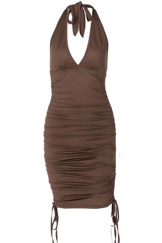 Free Shipping For Brown Solid Halter Bodycon Runched Drawstring Midi Dress