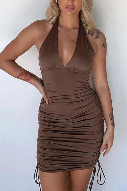 Free Shipping For Brown Solid Halter Bodycon Runched Drawstring Midi Dress