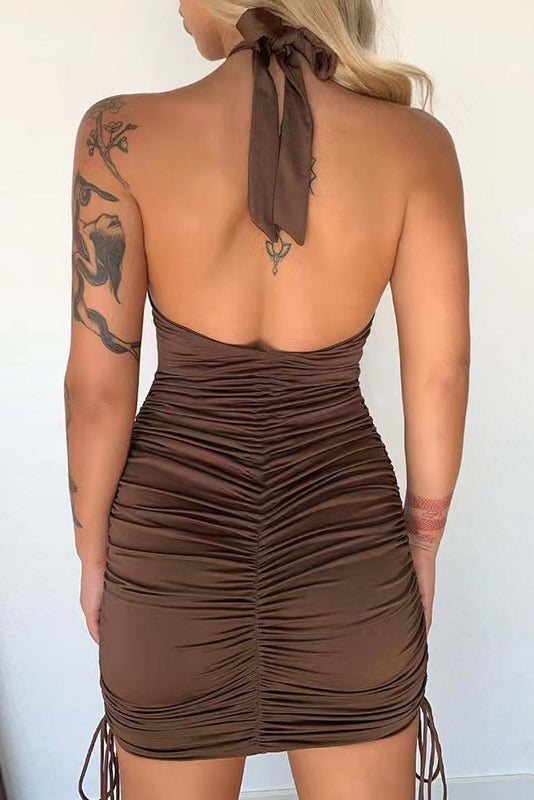 Free Shipping For Brown Solid Halter Bodycon Runched Drawstring Midi Dress