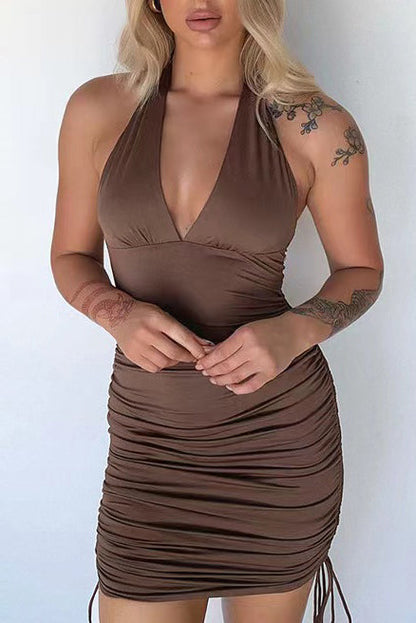 Free Shipping For Brown Solid Halter Bodycon Runched Drawstring Midi Dress