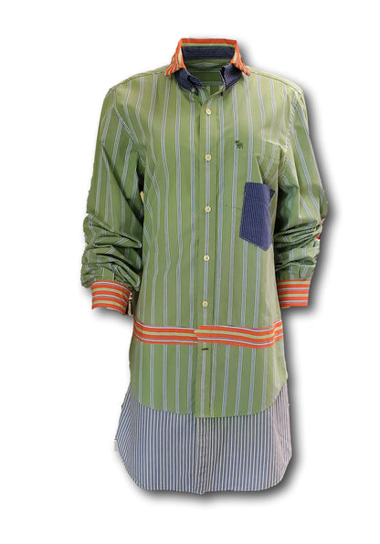 Free Shipping For  Women's Long Sleeve Hybrid Stripe Double Collar Button Down Shirt-Dress - Green Orange