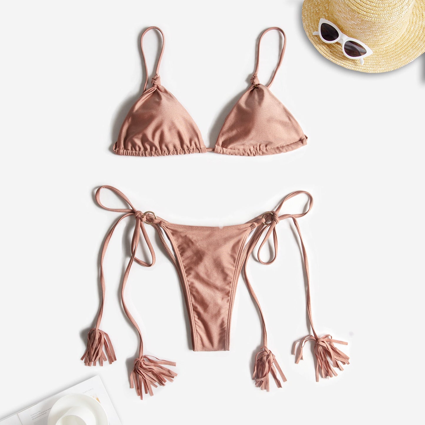 Free Shipping For Pink Lace Up Triangle Bikini Set