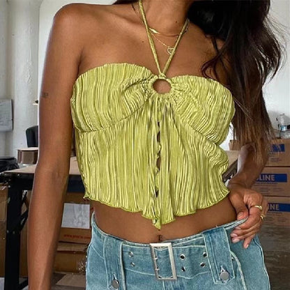 Free Shipping For Green Halter Criss Cross Bandage Lace Up Backless Crop Top