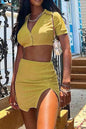 Free Shipping For Yellow Solid Ribbed Polo Neck Buttons Crop Top With Slit Mini Dress