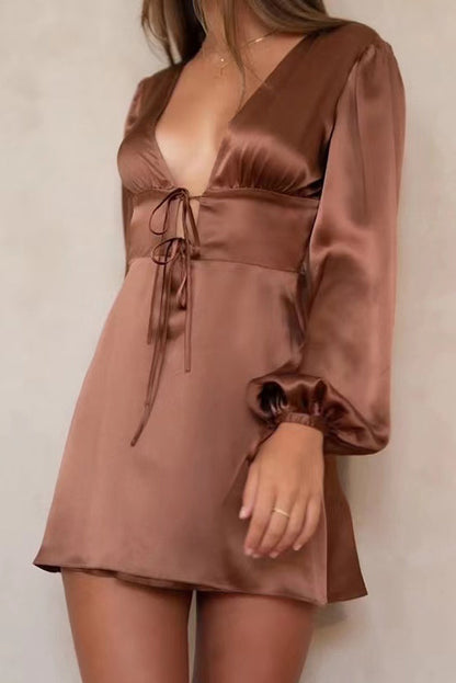 Free Shipping For Sexy Brown Satin Backless Lace up Dress