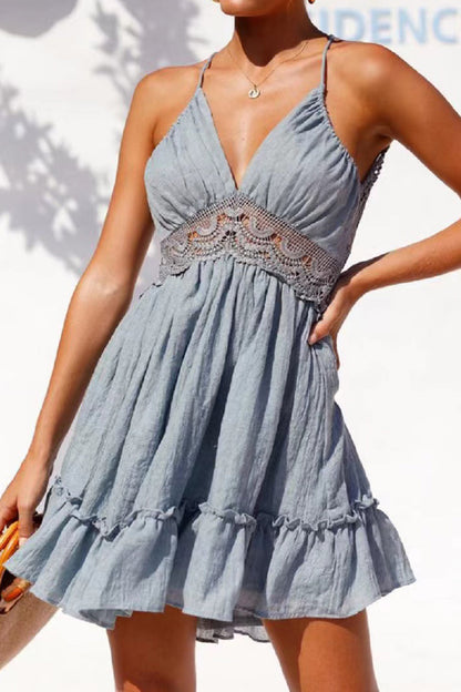 Free Shipping For Blue Floral Lace Ruffle Hem Spaghetti Strap Backless Dress