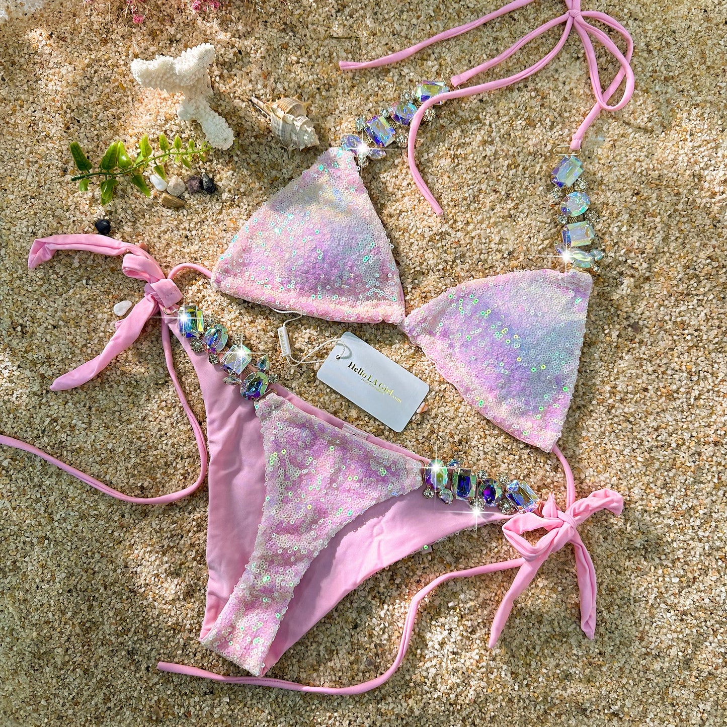 Free Shipping For Pink  Sexy Sequin Diamond Triangle Cup Bikini