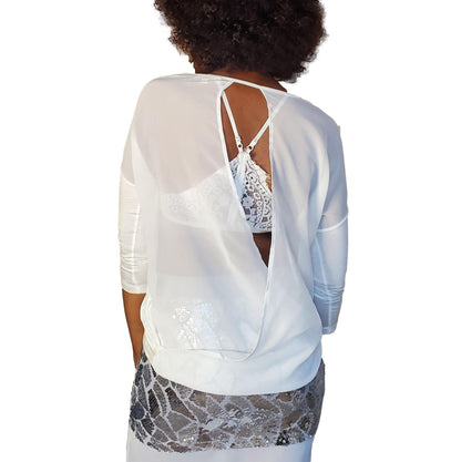 Free Shipping For Women's White Three-Quarter Sleeve Sheer Open Back Blouse