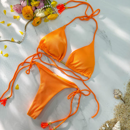 Free Shipping For Orange Swivel Strip U-shaped High Waist Bikini Set