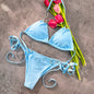 Free Shipping For Blue Metal Accessories Rhinestone Split Plain Color Tie Bikini Set