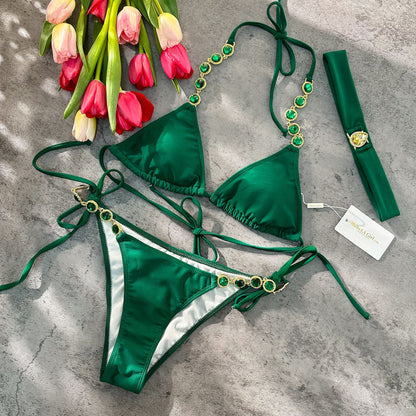 Free Shipping For Green/ Dustyrose Diamond Split With Headband Bikini Set