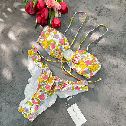 Free Shipping For Floral Print Ruched Tie Front Bikini Set