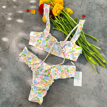 Free Shipping For Colored Digital Printing Lace Push Up Hollow Bikini Set