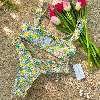 Free Shipping For Green Digital Printing Lace Push Up Hollow Bikini Set