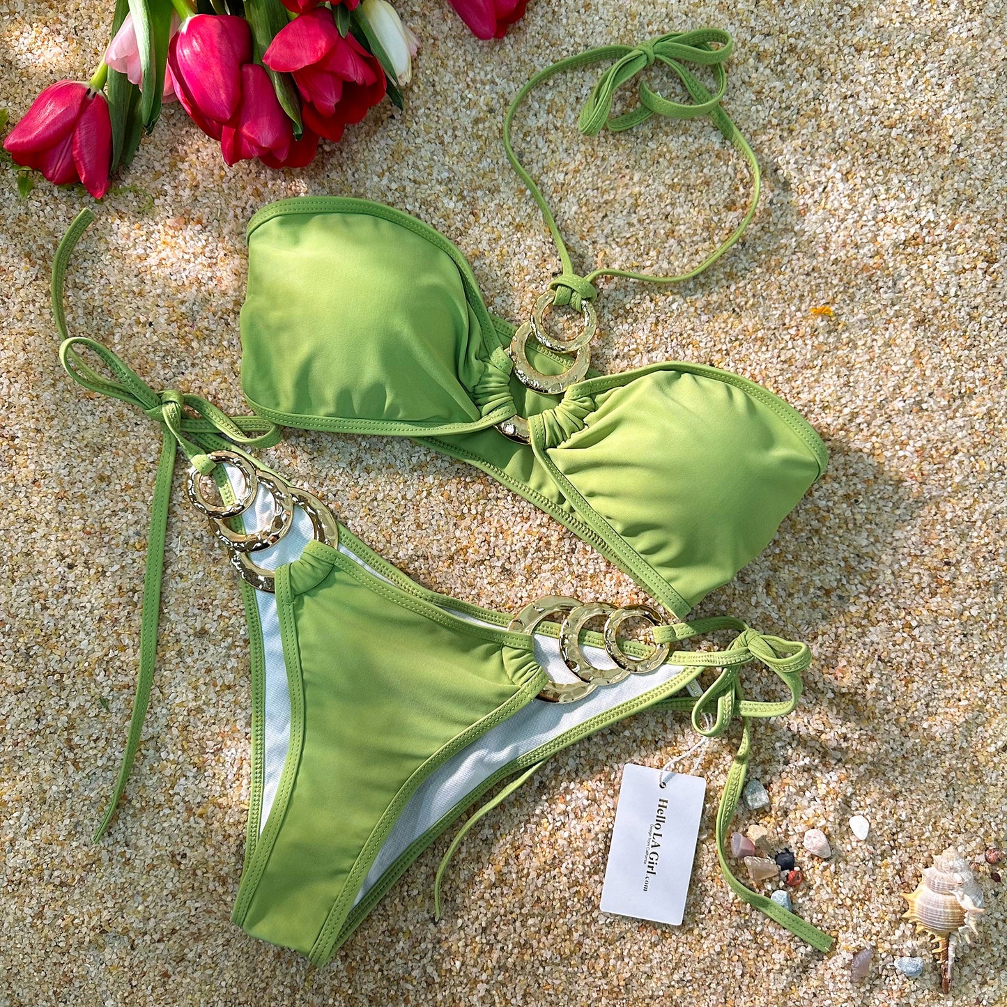 Free Shipping For Green Metal Hollow Bikini Tube Top Strap Bikini Set