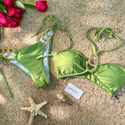 Free Shipping For Green Metal Hollow Bikini Tube Top Strap Bikini Set